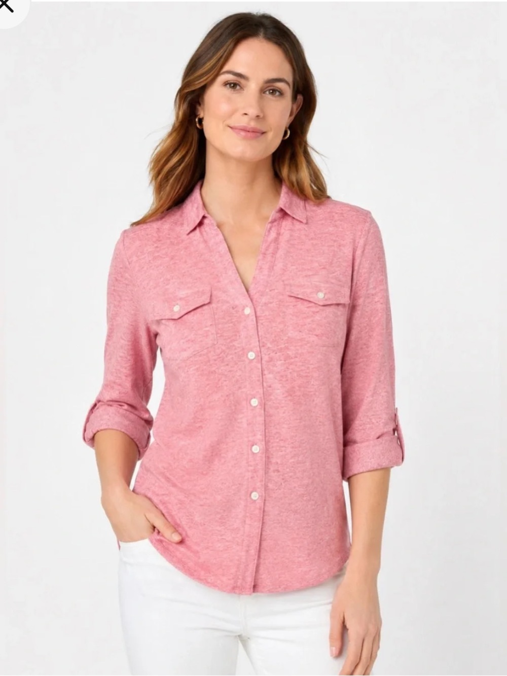 J McLaughlin Pink Linen Blend Button Front Shirt Roll Tab Sleeve Sz M Coastal
